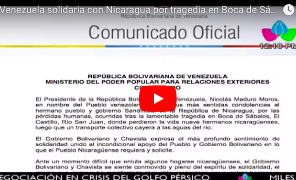 Venezuela solidaria con Nicaragua por tragedia en Boca de Sábalos
