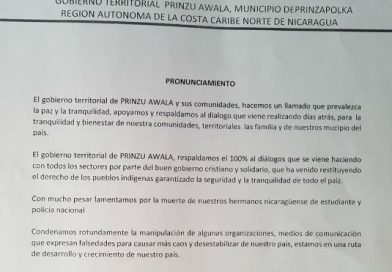 Territorios indígenas del Municipio de Puerto Cabezas se pronuncian a favor del dialogo y la paz
