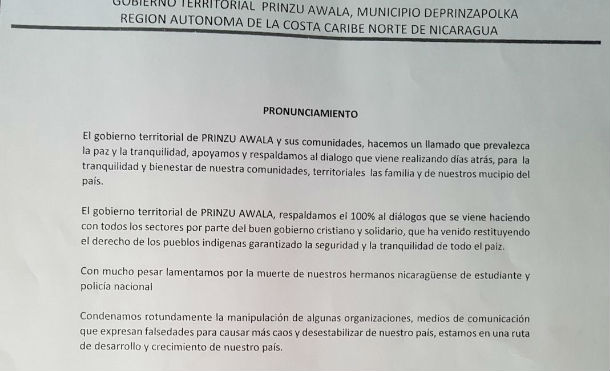 Territorios indígenas del Municipio de Puerto Cabezas se pronuncian a favor del dialogo y la paz