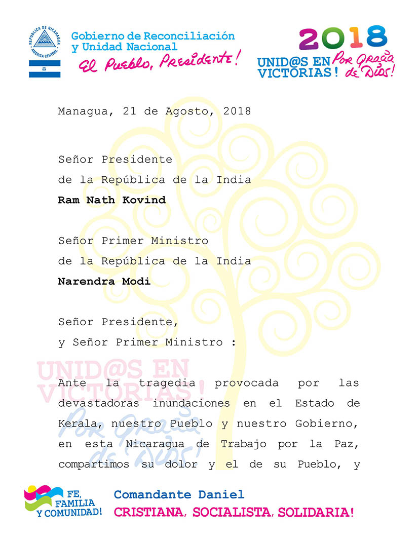 Gobierno de Nicaragua expresa solidaridad ante la tragedia por las inundaciones en el Estado de Kerala