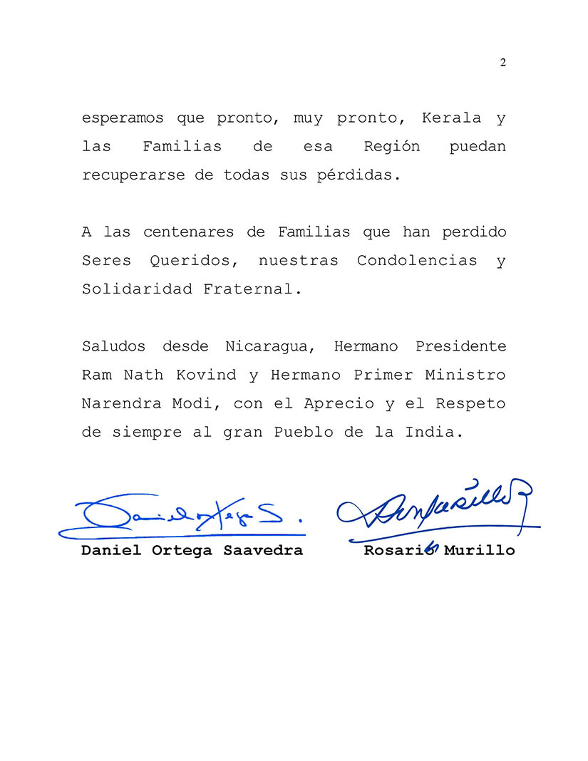 Gobierno de Nicaragua expresa solidaridad ante la tragedia por las inundaciones en el Estado de Kerala