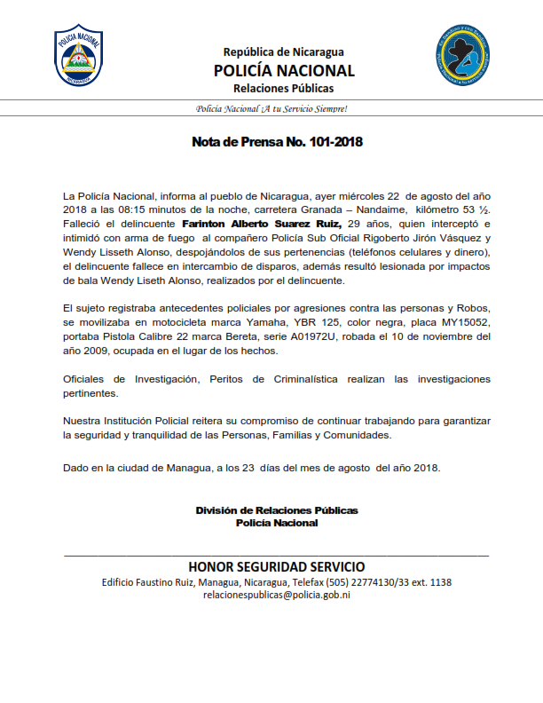 Nota de prensa No 101 Delincuente Fallecido R.C.I. frustrado Granada miercoles 22 de agosto 2018 001