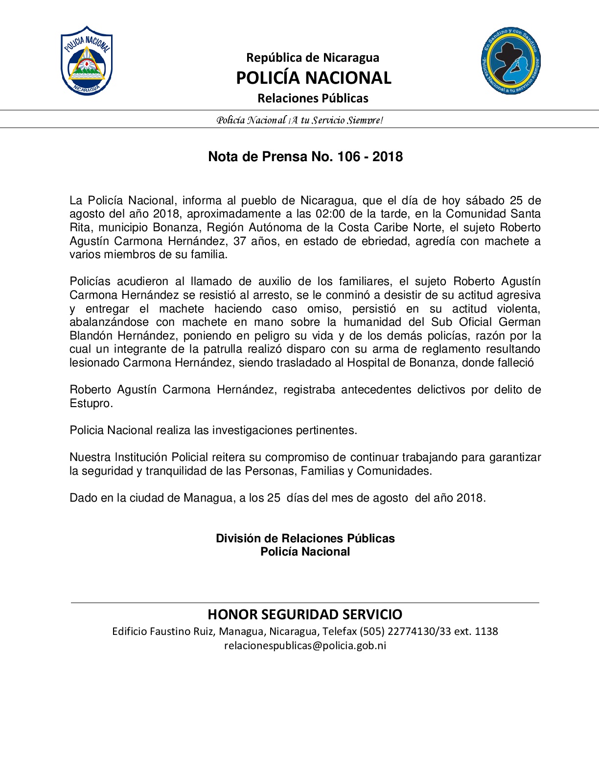  Policía Nacional informa sobre suceso en Bonanza