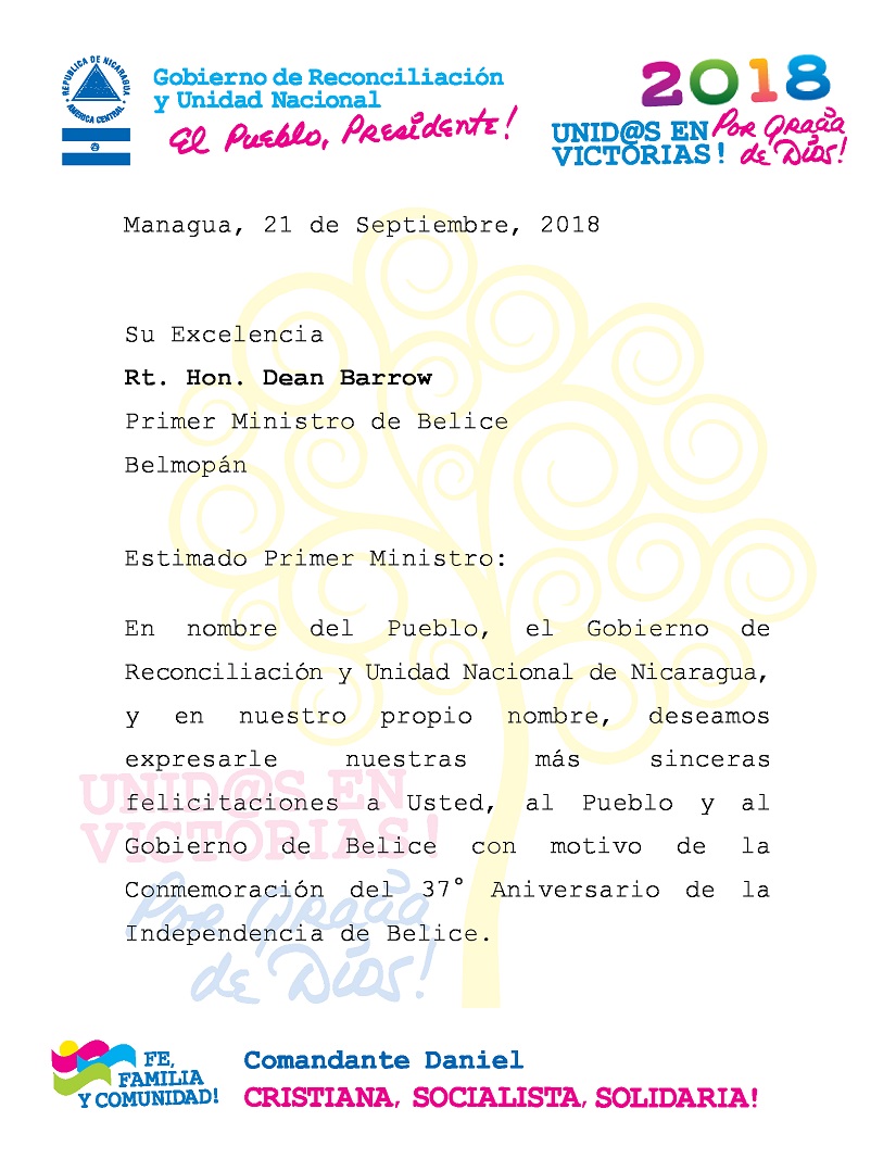 Mensaje de Daniel y Rosario al Primer Ministro de Belice con motivo de la Independencia en ese Hermano País