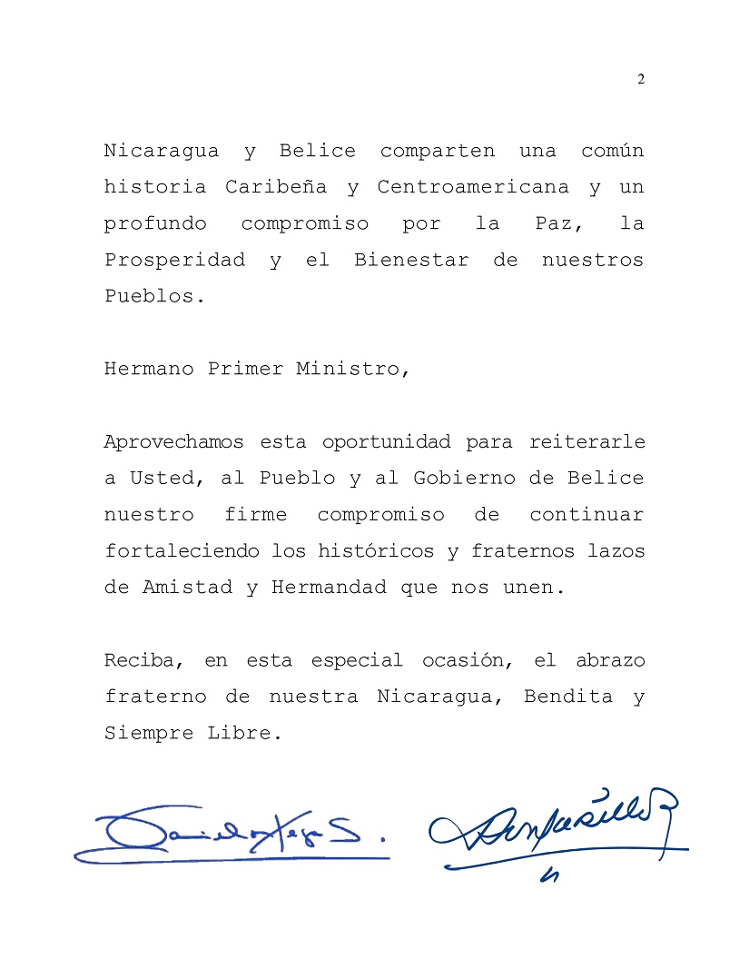 Mensaje de Daniel y Rosario al Primer Ministro de Belice con motivo de la Independencia en ese Hermano País