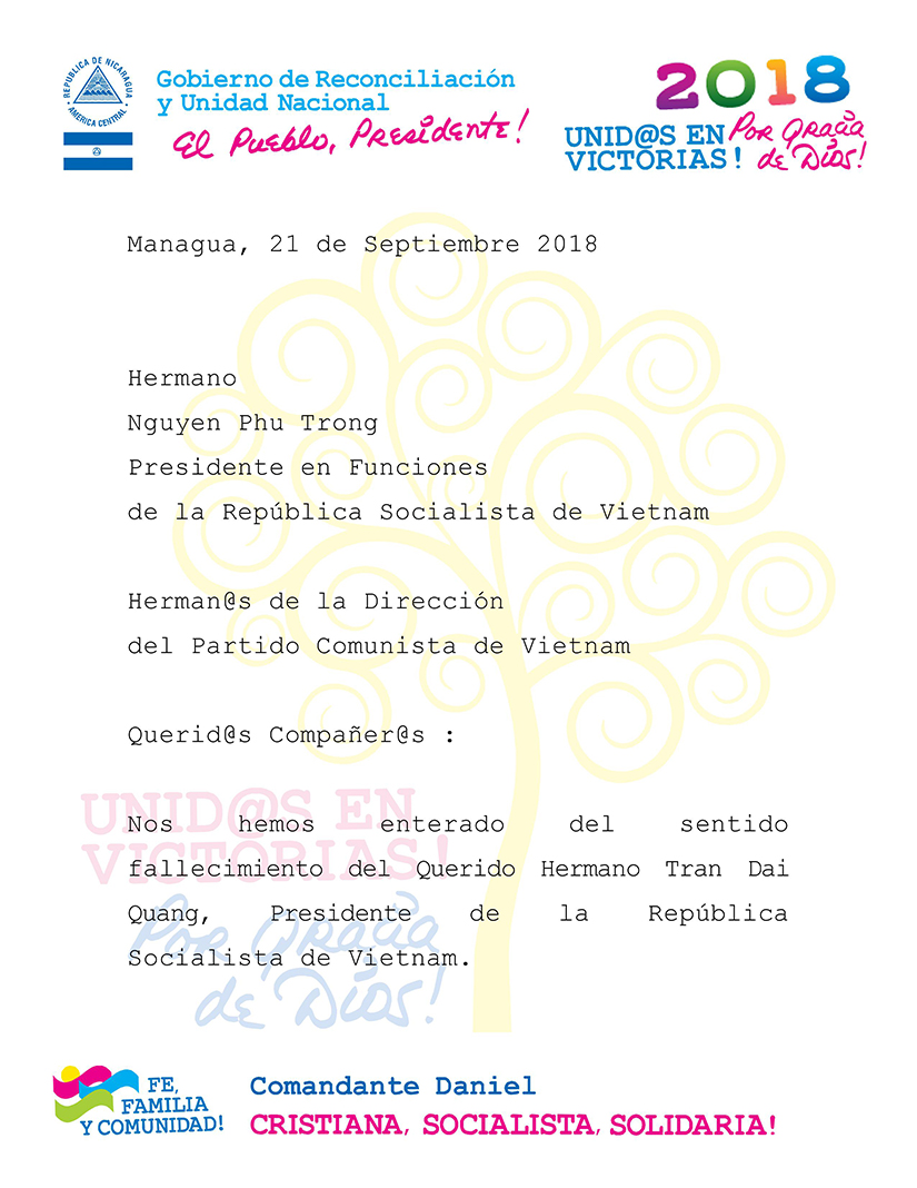 Nicaragua lamenta fallecimiento del presidente de Vietnam, Tran Dai Quang