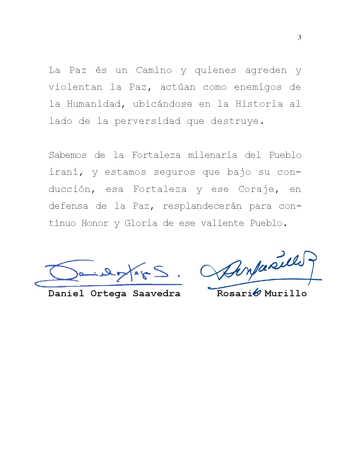 Presidente Daniel y Compañera Rosario condenan ataque a desfile militar en Irán y expresan solidaridad con el pueblo y gobierno de esa hermana nación