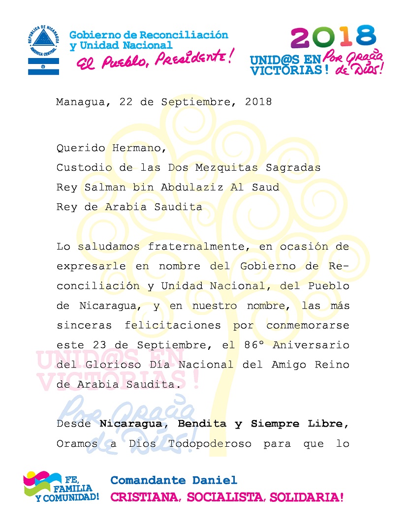 Mensaje del Comandante Daniel y Compañera Rosario, al querido hermano, custodio de las dos mezquitas sagradas, Rey Salman Bin Abdulaziz Al Saud, Rey de Arabia Saudita