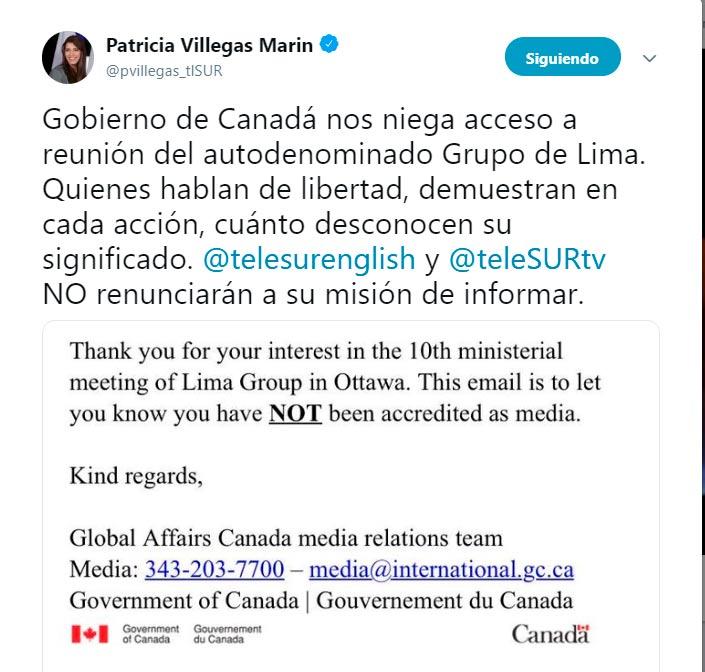 Canadá niega a teleSUR cubrir próxima reunión del Grupo de Lima