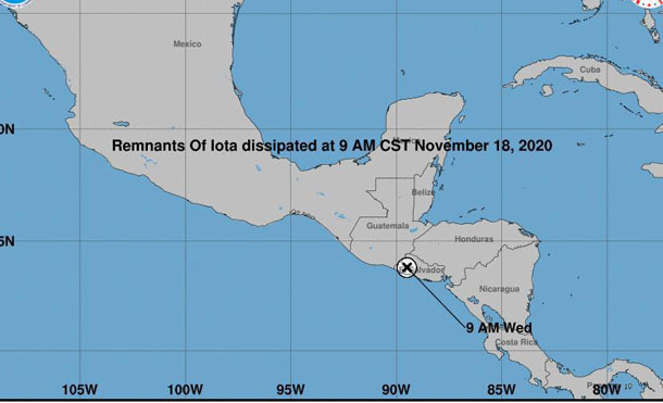 Foto Cortesía: IOTA se desintegró sobre territorio salvadoreño, quedando nada más sus remanentes como áreas de bajas presiones, sobre territorio salvadoreño.
