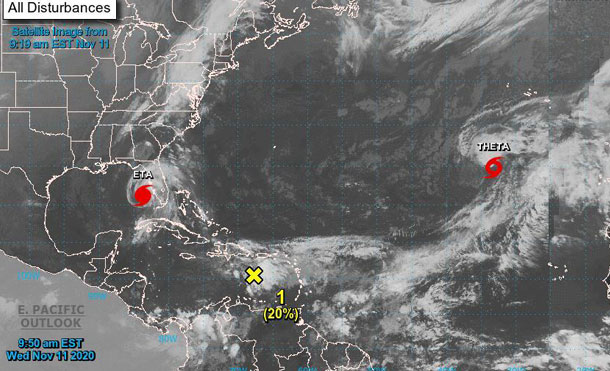 Foto Cortesía: La distancia estimada de este Disturbio es de 1,540 km al este de Nicaragua y continúa con un muy lento desplazamiento (10 km/h) con un rumbo Oeste.