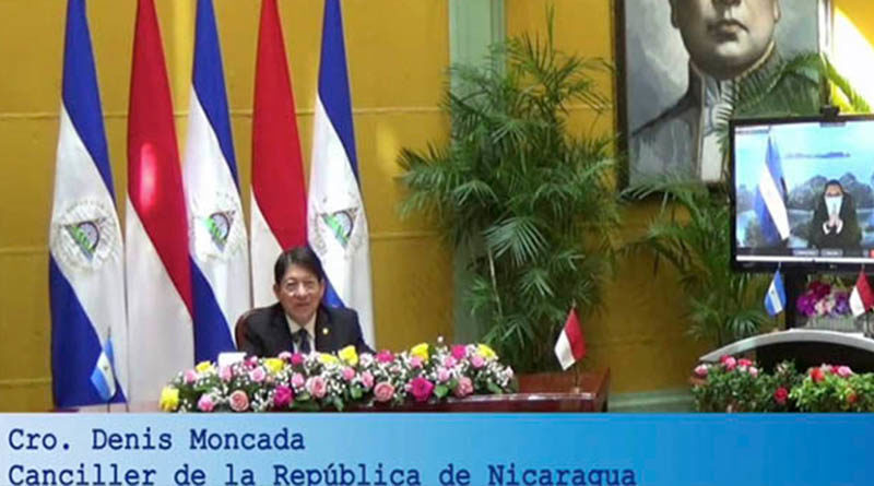 Canciller de Nicaragua Denis Moncada recibió de manera virtual las copias de estilo del nuevo Embajador de Indonesia