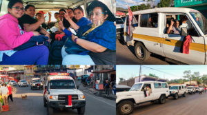 Médicos del Ministerio de Salud y ambulancias dirigiéndose a la comunidad Ubú Norte en Bocana de Paiwás.