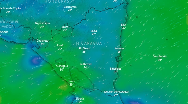 Imagen satelital de Nicaragua con la influencia de corrientes que ingresan al territorio desde el Mar Caribe y el Océano Pacífico