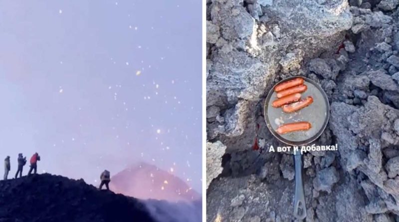 Turistas a la orilla de cráter y asando salchichas en la lava del volcán en Rusia