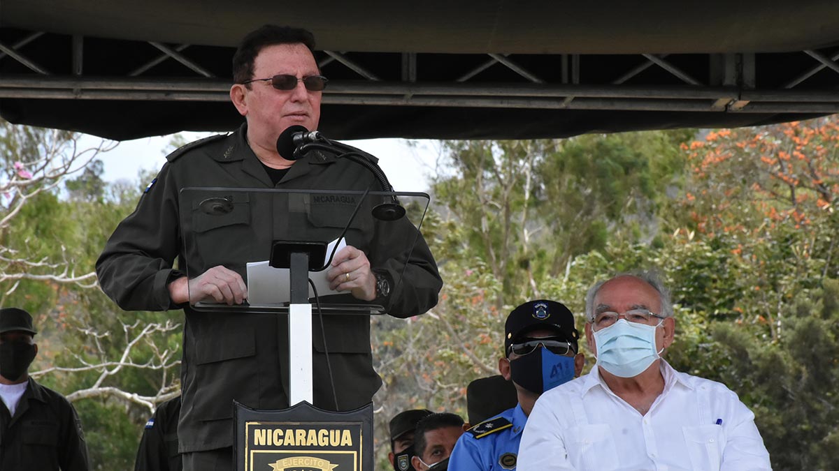 El Comandante en Jefe del Ejército de Nicaragua, General de Ejército Julio César Avilés Castillo, durante el acto de clausura del Plan de Protección y Seguridad a la Cosecha Cafetalera Ciclo Productivo 2020-2021.