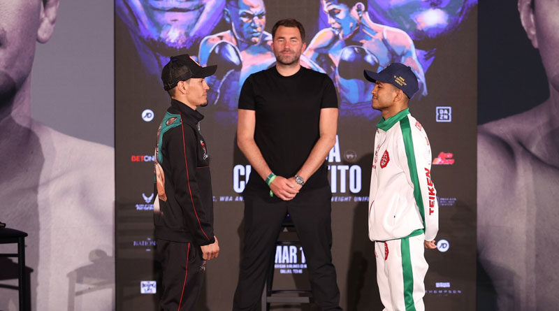 Román “Chocolatito” González y Francisco “El Gallo” Estrada durante el primer cara a cara en la conferencia de prensa que realizó la empresa DAZN, en el American AirLines Arena en Dallas, Texas