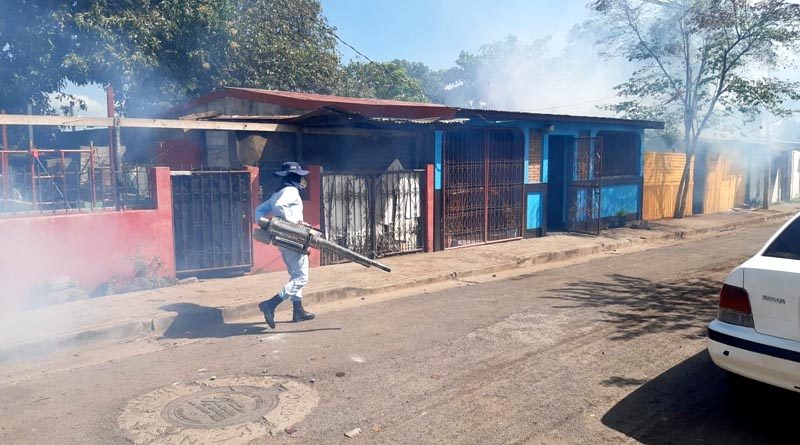 Brigadistas del Ministerio de Salud durante la jornada de fumigación en el barrio Adolfo Reyes