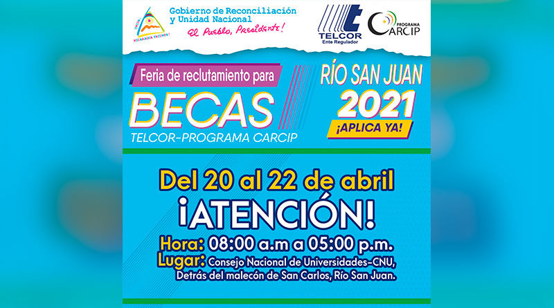 Arte de TELCOR ofreciendo la feria de becas en San Carlos Río San Jun, Nicaragua.