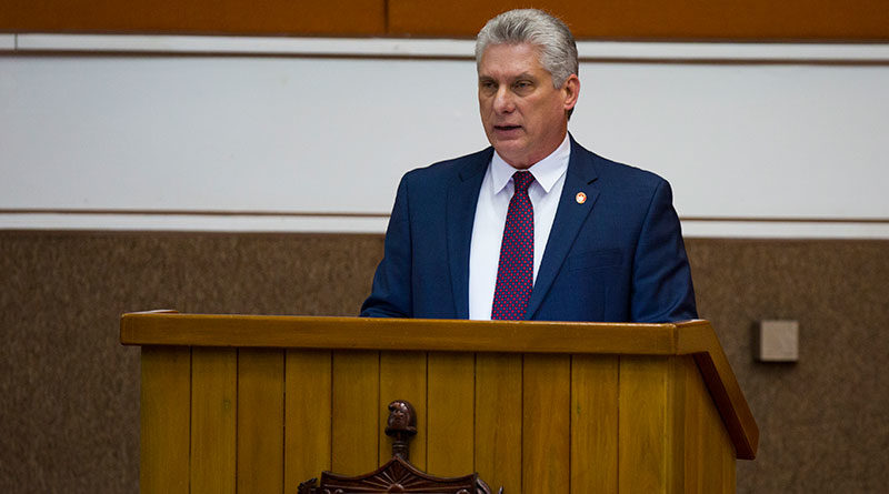 Presidente de la República de Cuba y Primer Secretario del Partido Comunista de Cuba, Miguel Díaz-Canel, durante el discurso que cerró la sesión de la Asamblea Nacional del Poder Popular