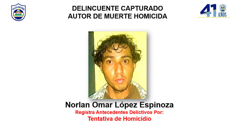 Fotografía del delincuente capturado Norlan Omar López Espinoza, autor de muerte homicida en El Cuá, Jinotega