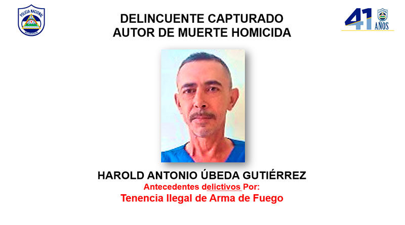 Fotografía del delincuente capturado Harold Antonio Úbeda Gutiérrez, autor de muerte homicida en Paiwás, Matagalpa