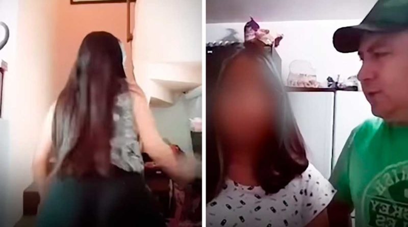 Capturas de pantalla de video donde un padre obliga a su hija a disculparse por el contenido de TikTok