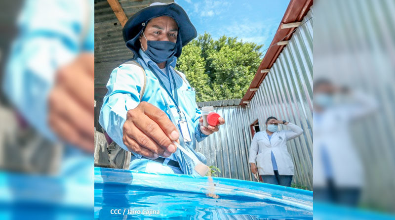 Brigadista del MINSA aplica BTI a un barril con agua