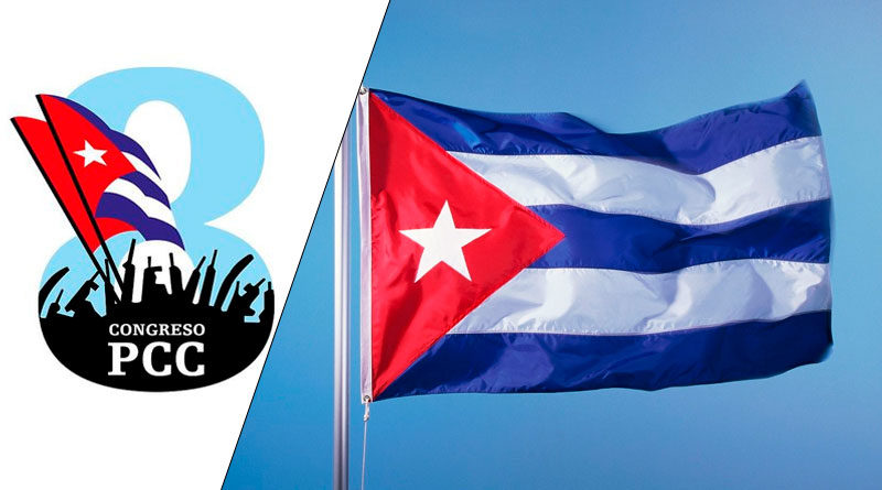 Bandera de Cuba y el logo del Octavo Congreso del Partido Comunista de Cuba