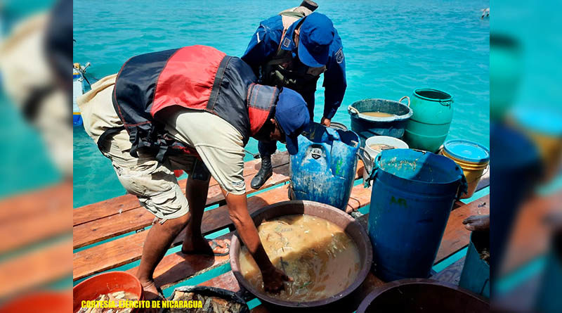 Miembros del Ejército inspecciona la pesca de una embarcación en el mar Caribe