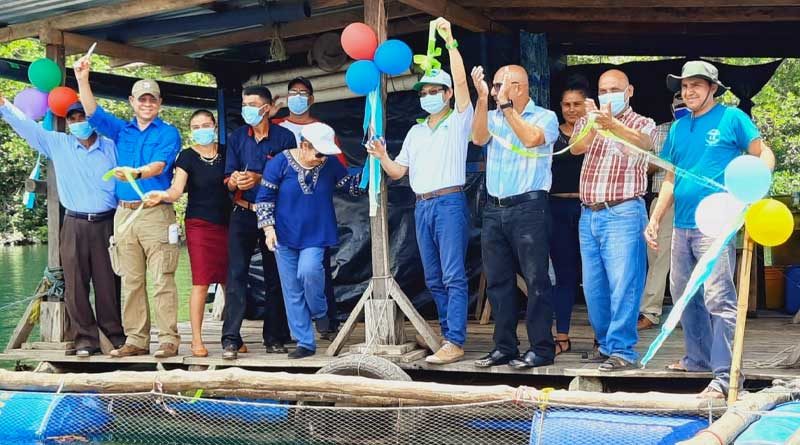 Protagonistas, el compañero Edward Jackson, Presidente Ejecutivo de INPESCA, el Señor Roberto Pang, Director de la cooperación técnica de China Taiwán en Nicaragua, así como autoridades locales durante la inauguración de jaulas flotantes de pargo lunarejo