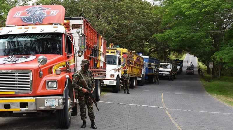 Efectivo militar junto a camiones retenidos por trasladar ilegalmente 113 equinos