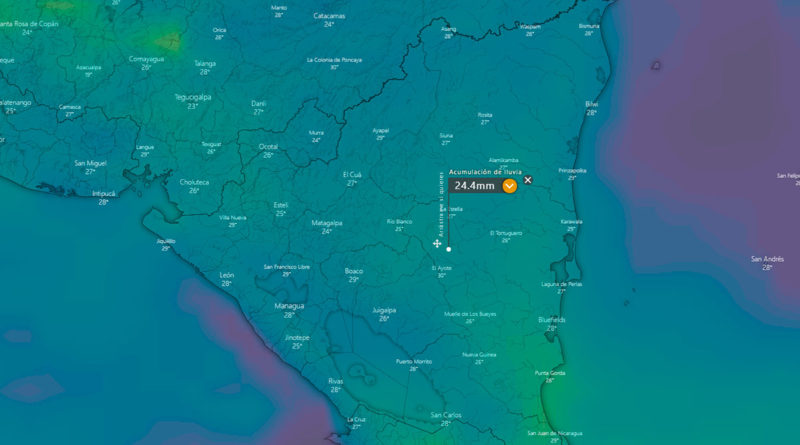 Vista satelital de Nicaragua donde se muestra la nubosidad y la lluvia alrededor el territorio nacional