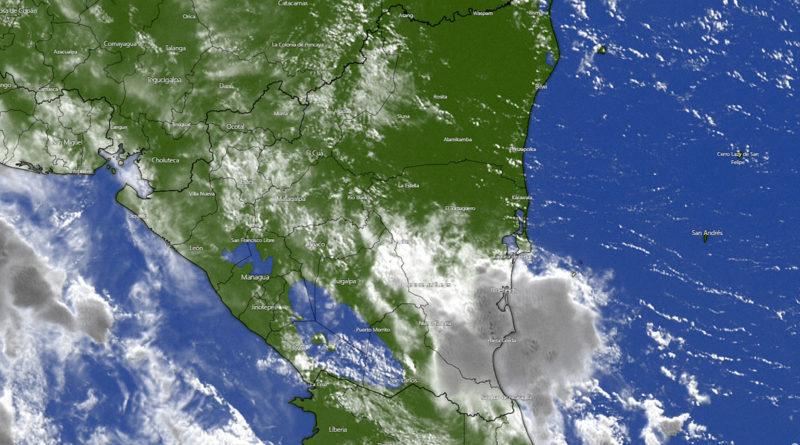 Imagen satelital de Nicaragua bajo la influencia de la tormenta tropical Elsa en el Mar Caribe nicaragüense.