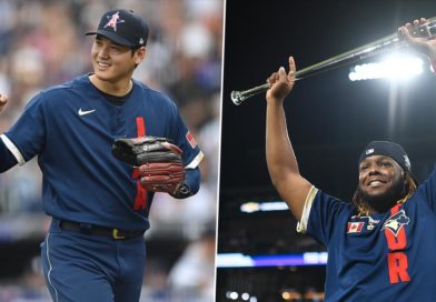 Shohei Ohtani y Vladimir Guerrero Jr durante el Juego de las Estrellas 2021.