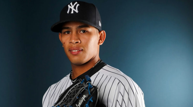 Jonathan Loáisiga portando una gorra de los Yankees de Nueva York de las Grandes Ligas.