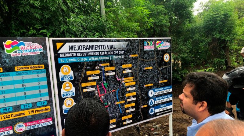 Secretario general de la Alcaldía de Managua, Fidel Moreno supervisando los avances del proyecto en el barrio William Galeano, del distrito III de Managua.