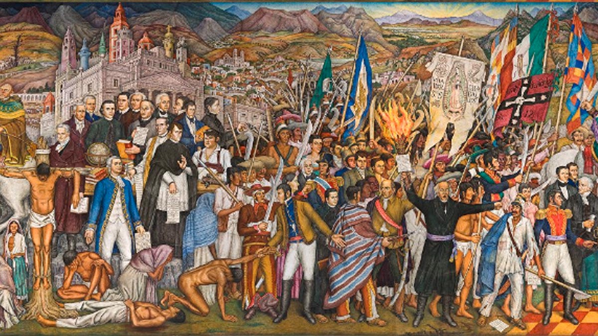 Mural de la independencia de México que refleja diferentes etapas de la lucha de independencia.