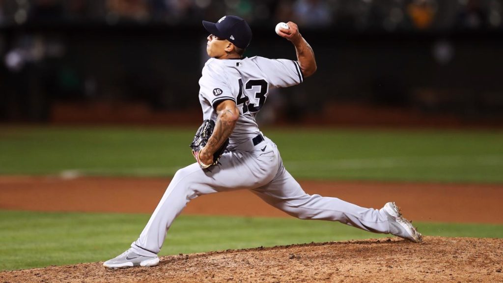 El lanzador nicaragüense Jonathan Loáisiga en un juego de los Yankees de Nueva York.