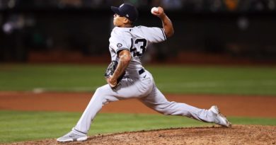 El lanzador nicaragüense Jonathan Loáisiga en un juego de los Yankees de Nueva York.