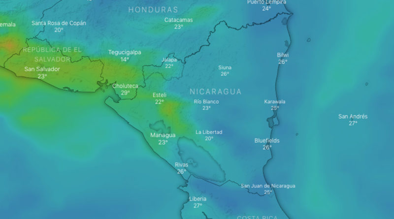 Imagen satelital sobre el clima y la temperatura en Nicaragua