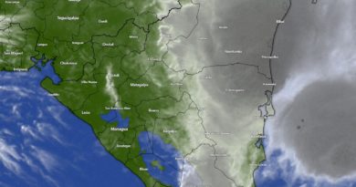 Visión satelital del mapa de Nicaragua bajo la influencia de un fenómeno meteorológico que afectará el Caribe