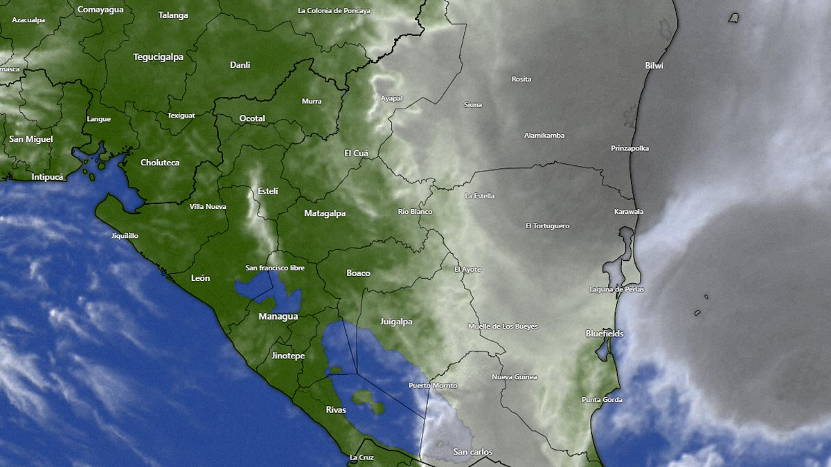 Visión satelital del mapa de Nicaragua bajo la influencia de un fenómeno meteorológico que afectará el Caribe