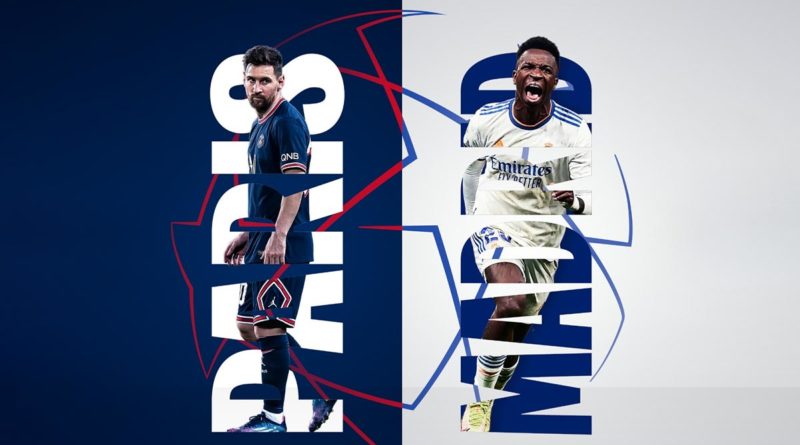 Arte de la UEFA donde vemos a Messi del PSG y Vinícius Júnior del Real Madrid.