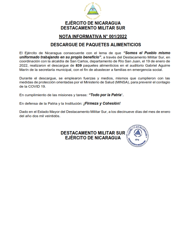 Nota informativa del Ejército de Nicaragua