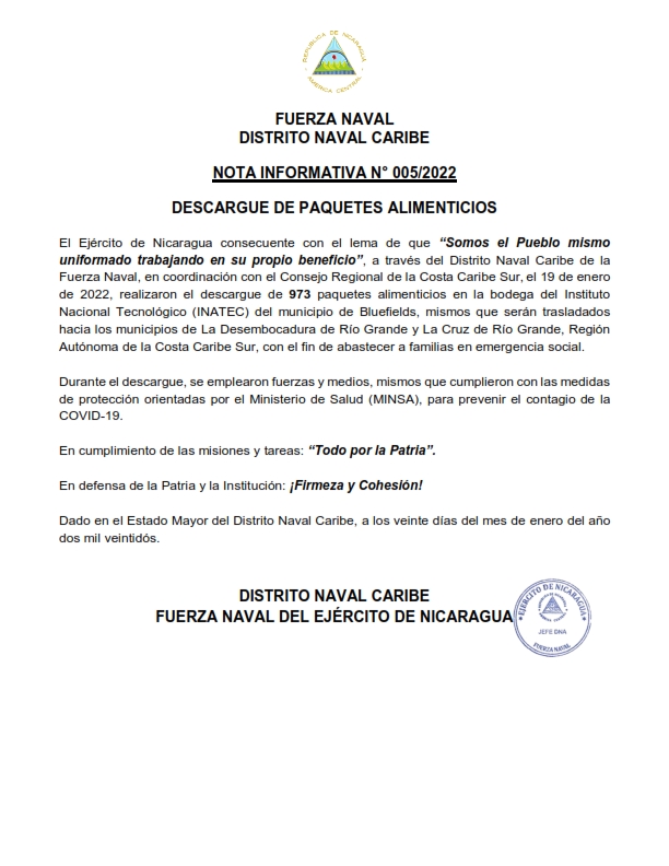 Nota de Prensa del Ejército de Nicaragua