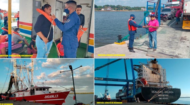 Efectivos de la Fuerza Naval del Ejército de Nicaragua brindando protección, seguridad e inspección a embarcaciones y flota pesquera industrial que zarparon en los principales puertos marítimos