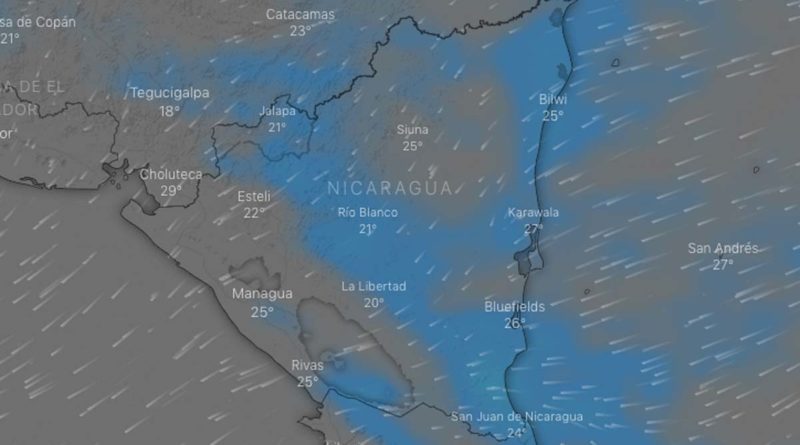 Mapa satelital de la república de Nicaragua con las proyecciones de las condiciones del clima para este martes 22 de febrero del 2022