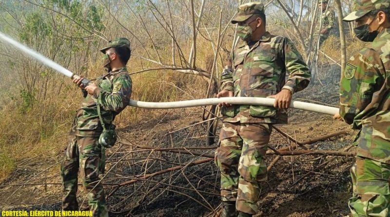 Efectivos militares del Ejército de Nicaragua sofocando el incendio agropecuario a orillas de la hacienda Los Alpes, municipio de El Crucero