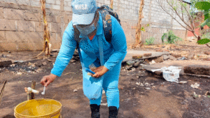 Brigadistas del Ministerio de Salud de Nicaragua aplicando larvicida en un recipiente de agua de una vivienda de la Comarca Las Jagüitas de Managua.